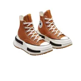 Zapatillas Converse Run Star Legacy CX de caña alta color marrón, con cordones blancos y plataforma chunky blanca con detalles en negro y suela de goma color caramelo.