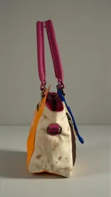 Cartera de cuero estilo tote de la marca Carolina De Cunto, confeccionada con una combinación de cueros en tonos azul, fucsia, beige y dorado. Cuenta con asas de mano fucsias, detalles de pelo sintético en el frente, bolsillos externos con cierre y herrajes metálicos.