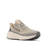 Championes de trail running Columbia modelo Konos Trillium ATR, color beige con detalles en gris oscuro. Presentan una suela con tacos de alta tracción, entresuela de espuma Techlite+ para amortiguación reactiva y sistema Navic Fit para mayor estabilidad.