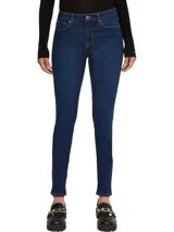 Pantalón de jeans Tommy Hilfiger de corte skinny, color azul oscuro, con diseño de cinco bolsillos, cierre de botón y cremallera, detalles distintivos de la marca y logo en el bolsillo posterior.