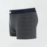 Pack de tres bóxers de algodón elástico para hombre. Incluye un bóxer azul marino liso, uno gris con lunares blancos y uno gris a rayas horizontales azules.