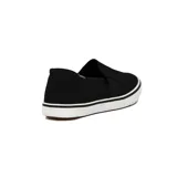 Zapatillas slip-on negras de lona con elástico en los laterales, suela blanca con línea negra y talón reforzado.