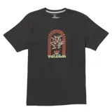Remera Volcom de manga corta y cuello redondo, color negro, con estampa frontal ilustrada de una planta en maceta dentro de un arco decorativo con el logotipo de la marca.