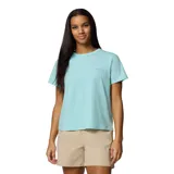Remera de manga corta Columbia, color turquesa, con cuello redondo y logo de la marca estampado en el pecho. Confeccionada con tecnología Omni-Wick que absorbe la humedad y protección solar UPF 50.