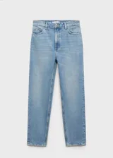 Jeans de tiro alto con diseño mom-fit, de cinco bolsillos y cierre frontal con cremallera y botón, en tejido de algodón estilo tejano vaquero de color celeste lavado.