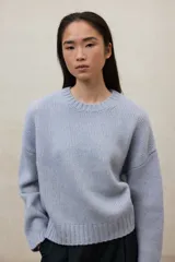 Sweater de tejido de punto liso, color celeste claro, con cuello redondo y manga larga. Presenta un acabado de punto acanalado en puños y ruedo.