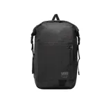 Mochila negra con cierre superior enrollable y hebillas de ajuste. Tiene un bolsillo frontal con cierre y logo de Vans estampado en la parte inferior.