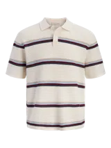Sweater polo de tejido de punto en color beige, con diseño de rayas horizontales en tonos bordó, azul y celeste. Cuenta con cuello camisero y cartera de tres botones.