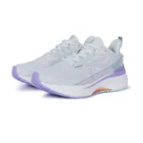 Championes de running 361º, color blanco con detalles en lavanda y celeste. Presentan una estructura de malla transpirable, entresuela con amortiguación y refuerzo estabilizador en el talón.