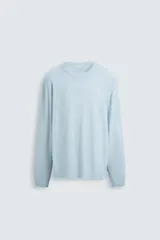 Jersey de algodón de corte relajado, color celeste claro con efecto lavado, cuello redondo y manga larga.