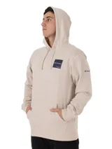 Buzo canguro con capucha Columbia Beaumount Hoodie color gris claro, con bolsillo tipo canguro y parche cuadrado con logo en el pecho.