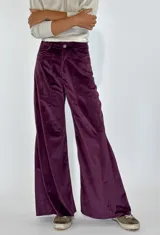 Pantalón de terciopelo gris, de corte palazzo, con bolsillos laterales y cierre frontal con botón y cremallera.