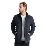 Campera tipo camisa de corte recto con diseño jacquard a rayas horizontales en tonos azul oscuro y negro. Presenta cuello camisero con forro de corderito negro, cierre frontal con botones, dos bolsillos superiores con solapa y bolsillos laterales. Confeccionada en tejido de mezcla de lana y poliéster.