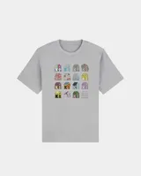 Remera gris de corte regular con estampado frontal compuesto por una cuadrícula de pequeñas casas ilustradas con diversos diseños y colores.