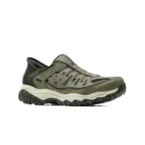 Championes deportivos Skechers modelo After Burn Memory Fit Ridgeburn, diseñados para actividades al aire libre y trekking. Presentan un diseño sin cordones con tecnología Slip-ins para un calce fácil, parte superior de malla y cuero sintético en tonos verde oliva y negro, y suela robusta con tracción. Incluyen plantilla Air-Cooled Memory Foam y tecnología Heel Pillow para mayor sujeción.