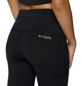 Calza deportiva de compresión color negro, con cintura alta elástica y bolsillo lateral integrado. Confeccionada con tecnología de secado rápido y protección solar.