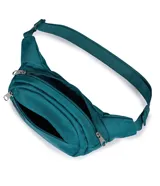 Riñonera Jansport modelo Fifth Avenue, color verde menta, con cierre principal y bolsillo frontal con cierre. Incluye parche con logo de la marca en el frente.