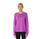 Remera de running Asics de mujer, color violeta, de manga larga y tejido de punto con tecnología de secado rápido. Presenta la frase japonesa Katakana estampada en las mangas.