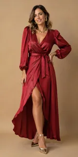 Vestido largo de satén color bordó, con escote cruzado en V, mangas largas abullonadas con puños elásticos y falda con tajo frontal y lazo ajustable en la cintura.