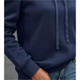 Buzo tipo hoodie de color azul marino, confeccionado en tejido suave con diseño de mangas princesa fruncidas en los hombros. Presenta capucha con cordones ajustables y puños elásticos.