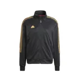 Campera Adidas negra con cierre frontal, cuello alto y tres tiras doradas en los hombros.