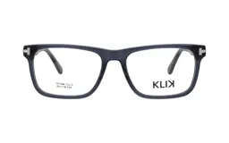 Armazón Klix modelo 101AM, color azul translúcido, de diseño rectangular con detalles metálicos en las esquinas superiores.