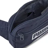 Riñonera Puma color azul marino con logo estampado en blanco en el frente. Cuenta con un compartimento principal con cierre, bolsillo frontal con cierre y correa ajustable con hebilla.