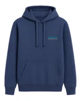Hoodie de algodón color azul con capucha, cordones ajustables y bolsillo tipo canguro. Presenta un pequeño estampado en el pecho con el logo de la marca Denali y la frase 'Nacimos para algo'.