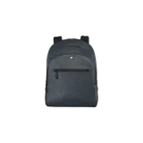 Mochila Montblanc Sartorial Medium en cuero Saffiano color azul oscuro con detalles en negro, compartimento principal con cierre, bolsillo frontal con cierre y el emblema de la marca en la parte superior.