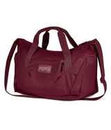 Bolso deportivo tipo duffel de la marca Jansport, color bordó, con doble asa de mano y correa ajustable para hombro. Cuenta con cierre principal, bolsillo frontal con cierre y logo de la marca aplicado.