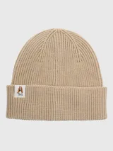 Gorro tipo beanie de tejido de punto acanalado en color beige, con doblez en el borde y parche frontal con el logo del perro de Hush Puppies.