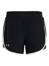 Short deportivo Under Armour modelo Fly By Elite 5, color negro con ribetes blancos. Cuenta con cintura elástica, paneles de malla laterales para mayor ventilación y bajo cruzado.