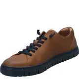 Zapatillas urbanas de cuero color marrón con suela de goma azul marino y cordones elásticos azules.