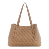 Cartera tipo shopper grande de Guess, modelo Eco Brenton, en color beige con estampado monograma de la marca. Cuenta con doble asa de hombro, detalles metálicos dorados y viene acompañada de una pequeña billetera o estuche colgante a juego.