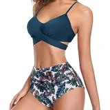 Conjunto de bikini de dos piezas de la marca Uniteduy, compuesto por un crop top amarillo liso con diseño cruzado y tirantes finos, y una bombacha de tiro alto con estampado floral y de hojas en tonos amarillos, verdes y blancos.