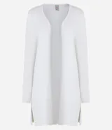 Cardigan alargado de punto liviano color gris, con mangas largas y abertura total.