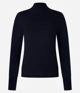 Blusa de manga larga confeccionada en viscosa sostenible, color azul marino, con cuello alto.