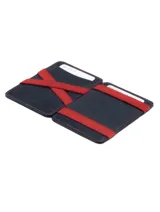 Billetera compacta de cuero color tostado con sistema mágico de bandas elásticas interiores y protección RFID.