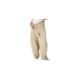 Pantalón de pana color beige, con diseño de tiro alto, cierre frontal asimétrico con botones y corte holgado. Presenta pequeño estampado gráfico en la pierna izquierda.