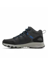 Championes de senderismo de media caña Columbia, color gris con detalles en azul y negro. Confeccionados con tecnología OutDry impermeable y transpirable, sistema Navic Fit para mayor estabilidad y entresuela TechLite+ para amortiguación. Suela Adapt Trax con tracción excepcional para terrenos secos o mojados.