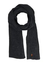 Bufanda de tejido de punto en color gris oscuro, con textura suave y etiqueta pequeña de cuero sintético en uno de los extremos.