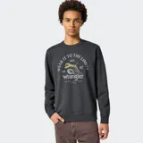 Buzo negro de algodón con cuello redondo, mangas largas y estampado frontal con el logo de Wrangler, un tigre y la frase "Wear it to the limits".