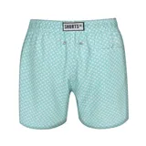 Short de baño color verde agua con estampado geométrico de rombos blancos, cintura elástica y cordón de ajuste gris.