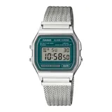 Reloj digital Casio modelo A158WEM-3DF con caja de 33mm y brazalete de malla de acero inoxidable. Presenta una esfera de color verde con pantalla digital, funciones de cronómetro, alarma y calendario automático.