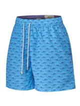 Short de baño celeste de la marca RKF, con estampado de delfines, cintura elástica y cordón ajustable gris con herrajes metálicos.