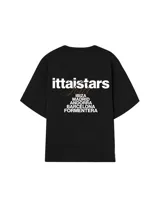 Remera celeste de corte recto con estampado en la espalda que incluye el texto "Itta Stars Tour" y una lista de ciudades: Ibiza, Madrid, Andorra, Barcelona y Formentera.