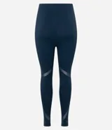 Legging deportiva de tiro alto en color azul oscuro, confeccionada en microfibra de poliamida y elastano. Presenta recortes laterales en tela de malla para mayor transpirabilidad y un ajuste ceñido al cuerpo, ideal para actividades de alta intensidad.