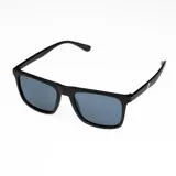 Lentes de sol polarizados negros con marco rectangular y lentes grises.