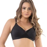 Soutien reductor negro con máxima sujeción, sin aro, y detalles de puntilla en las copas. Incluye breteles regulables.