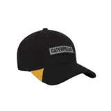 Gorro de béisbol negro con logo de Caterpillar en gris reflectivo y detalle amarillo en la parte trasera.